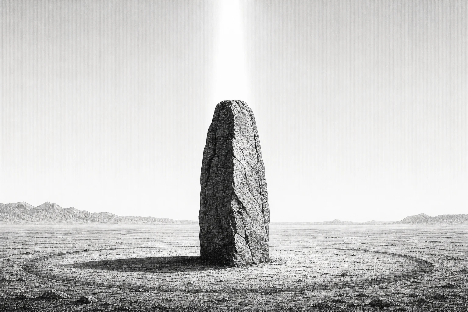 A solitary memorial stone standing beneath one narrow column of light on an open desert plain.