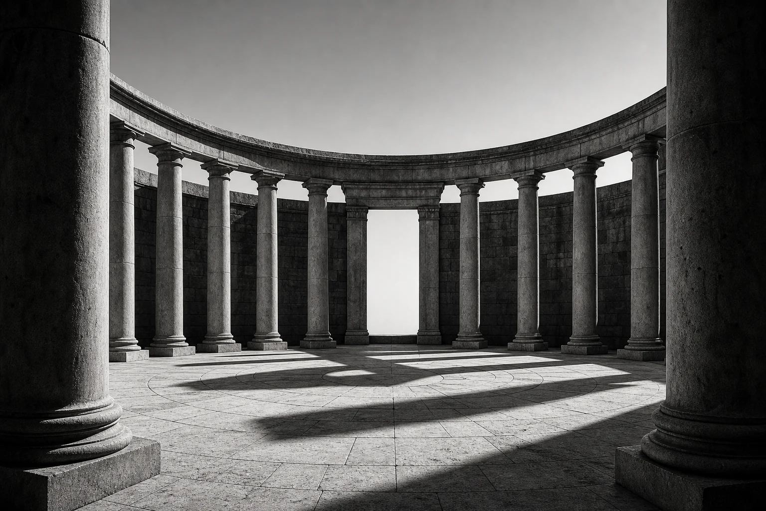 Twelve stone pillars form an ordered council court around an open central threshold.