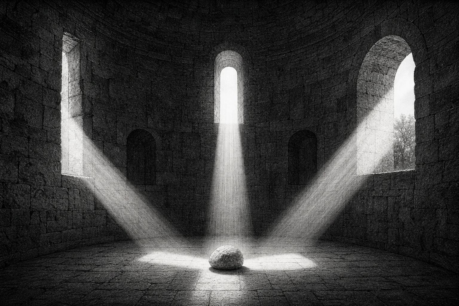Three openings in an ancient stone chamber cast converging shafts of light toward one central stone.