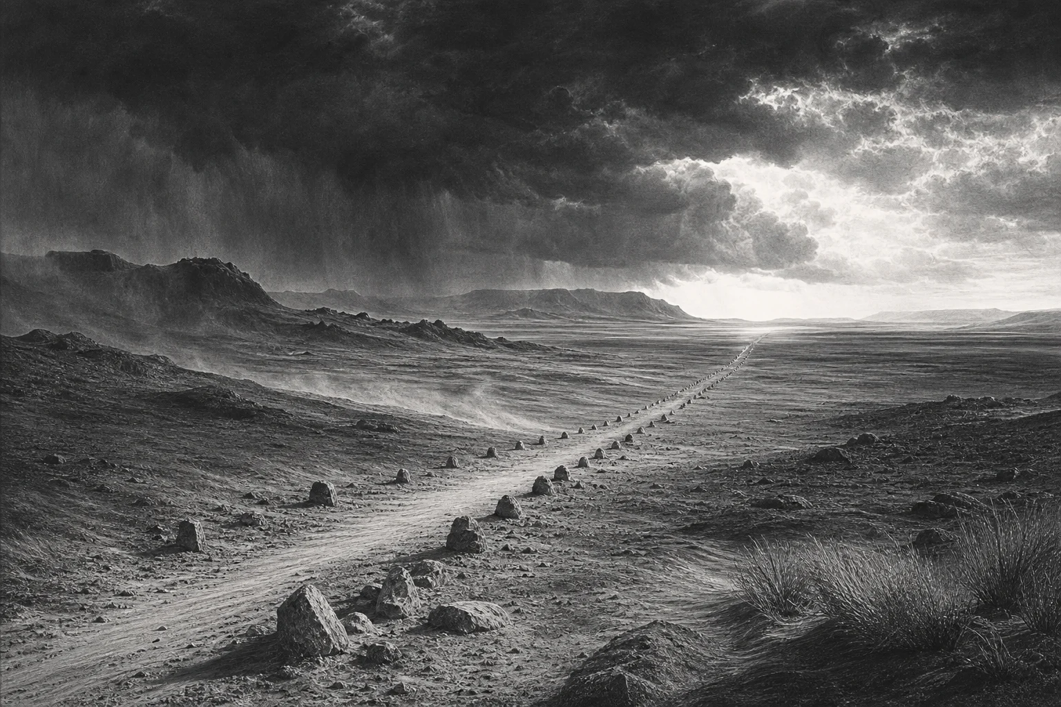A stone-marked path crosses a storm-dark wilderness toward distant light.