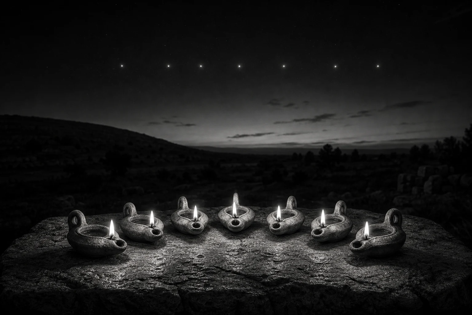 Seven ancient oil lamps burn beneath seven stars on a stone table at dusk.
