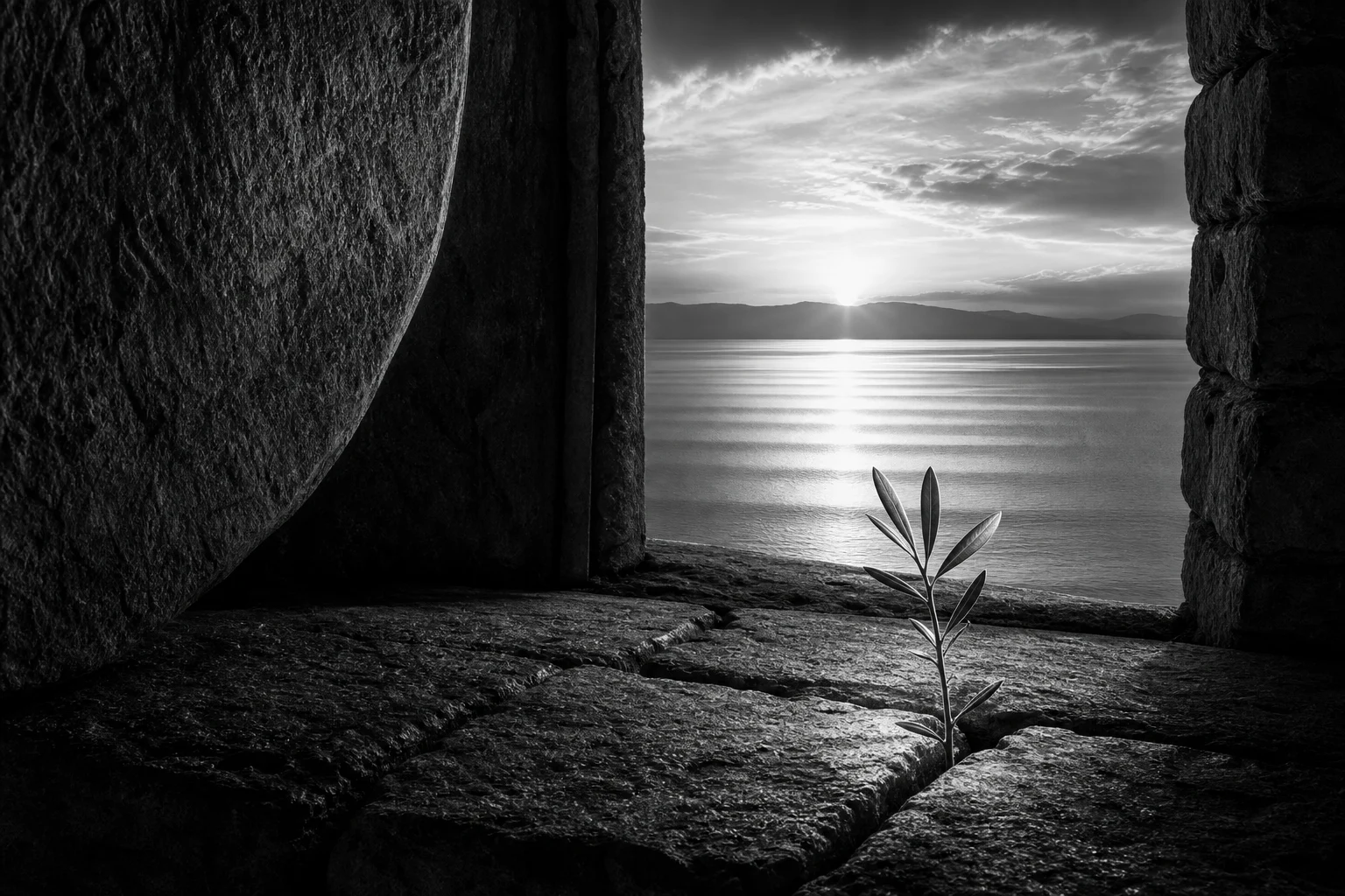 A young olive shoot rises from stone beside still water at first light.